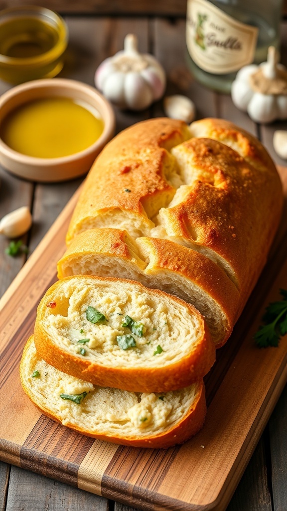 Classic Garlic Bread Recipe Sliced garlic bread on a cutting board, golden-brown with garlic butter and parsley, in a rustic kitchen.
